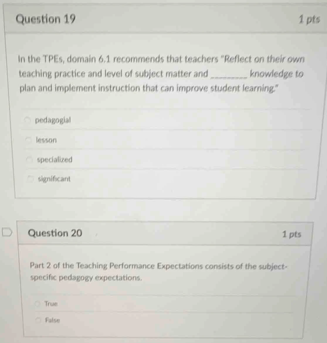 question 19 1 pts in the tpes, domain 6.1 recommends that teachers efle…