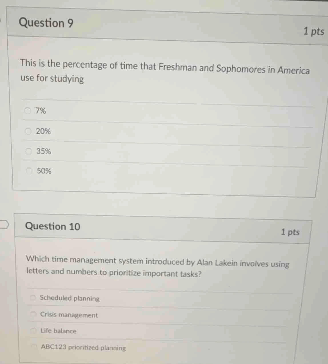question 9 1 pts this is the percentage of time that freshman and sopho…
