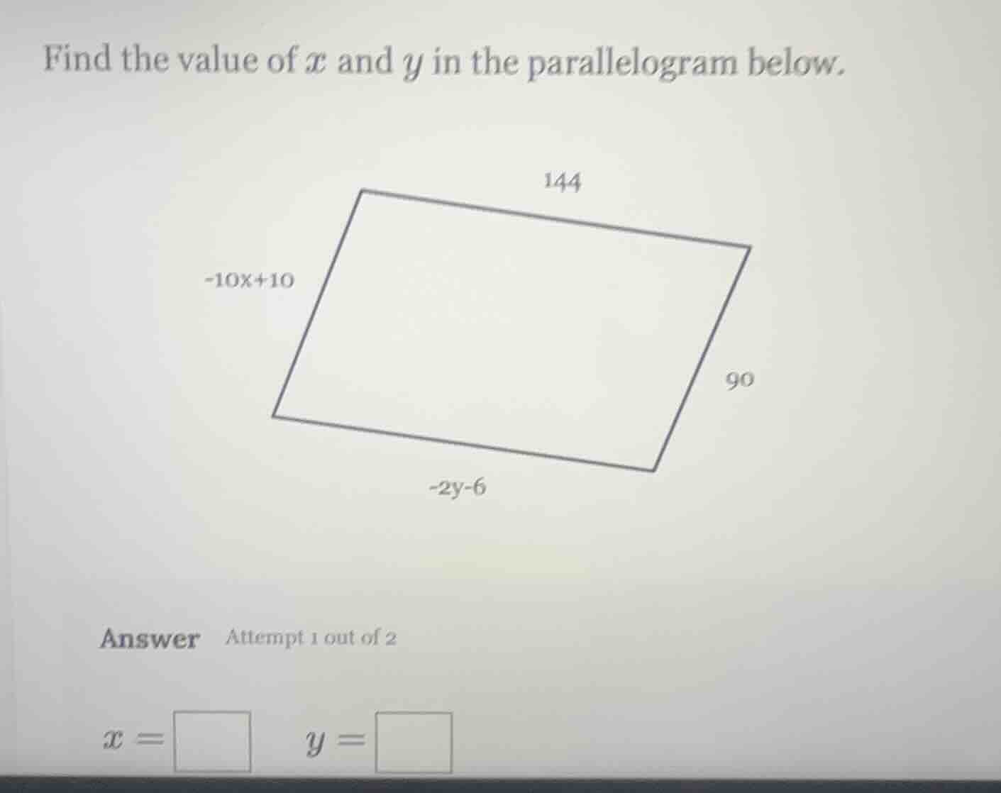 find the value of ( x ) and ( y ) in the parallelogram below. answer at…