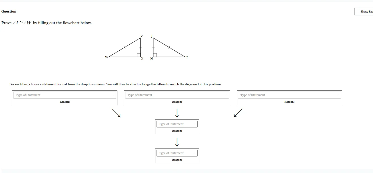 question prove $\\angle i \\cong \\angle w$ by filling out the flowchar…