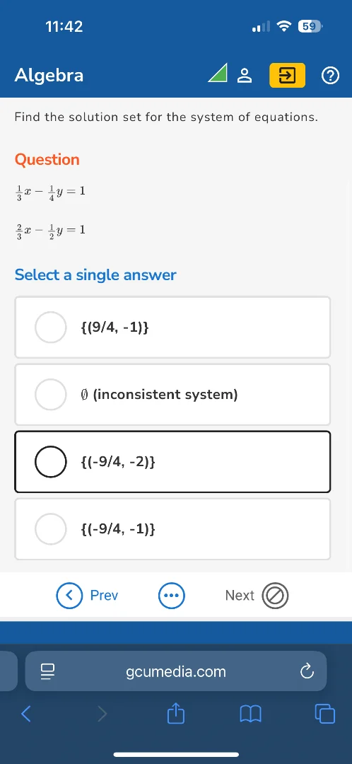 find the solution set for the system of equations. question \\(\frac{1}…