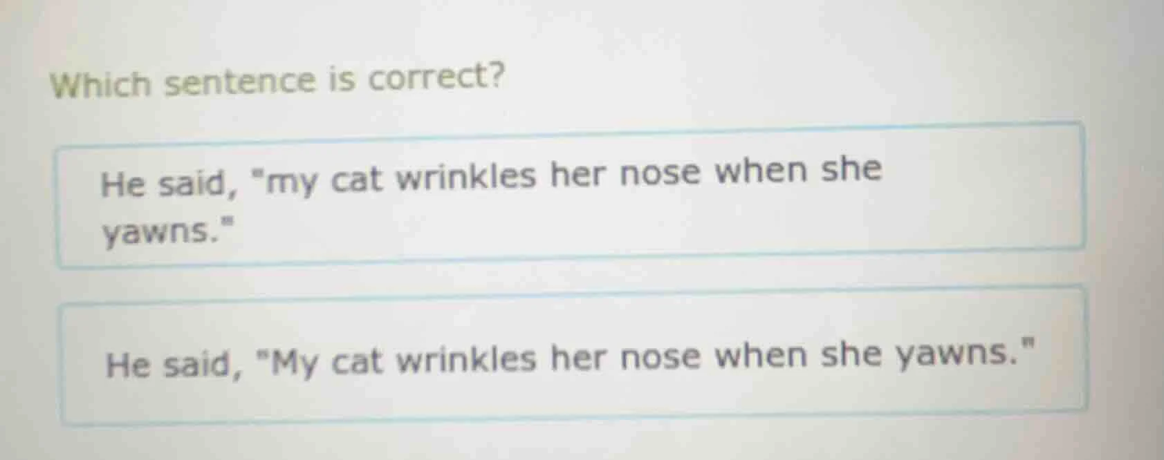 which sentence is correct? he said, \my cat wrinkles her nose when she …