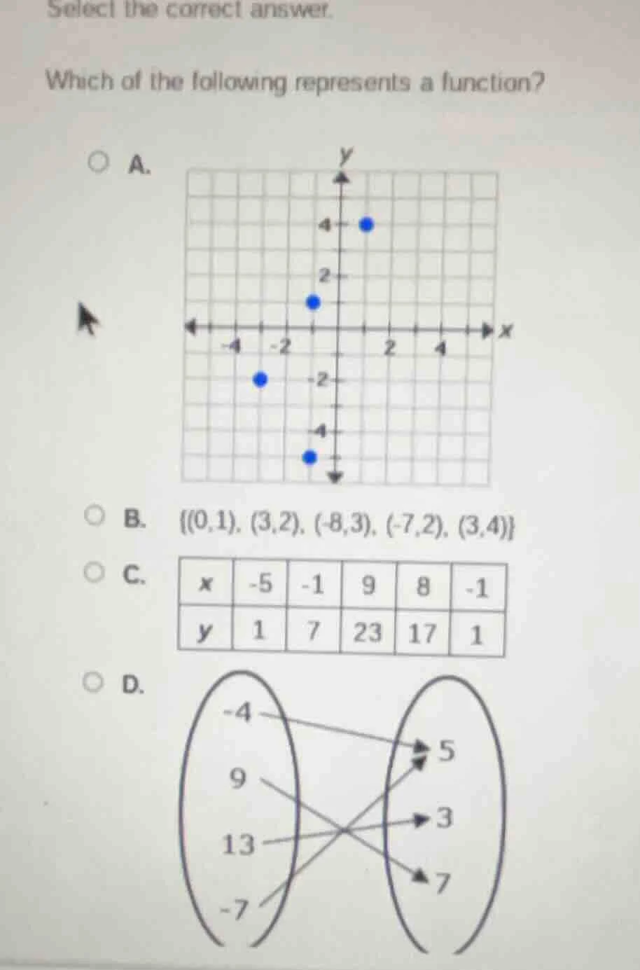 select the correct answer. which of the following represents a function…