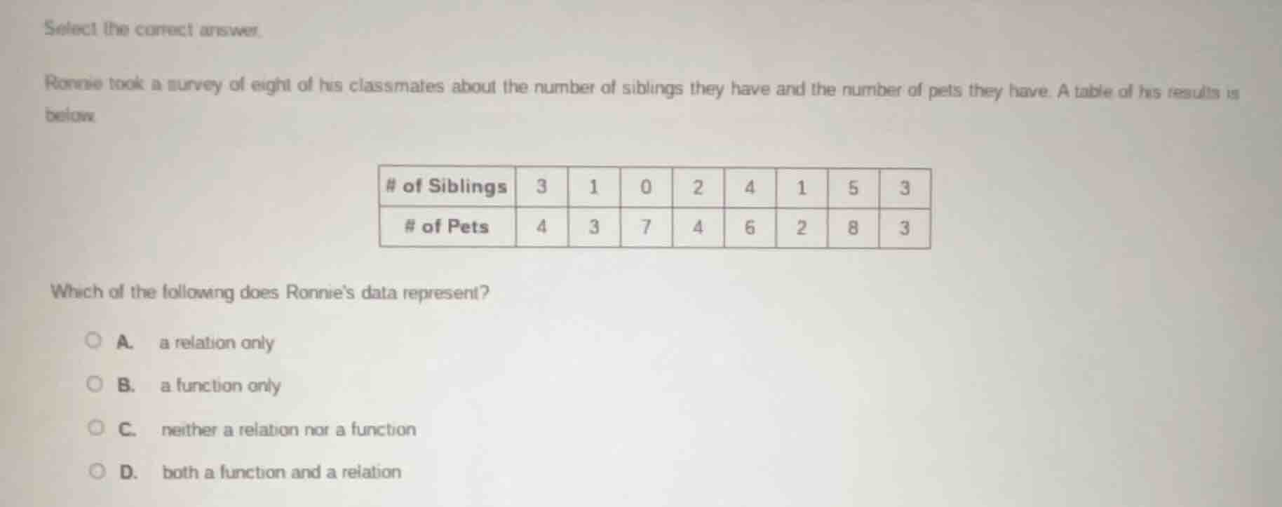 select the correct answer. ronnie took a survey of eight of his classma…