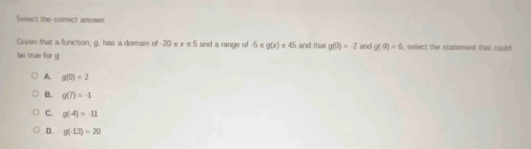 select the correct answer. given that a function, g, has a domain of -2…