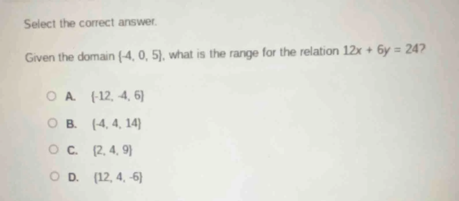 select the correct answer. given the domain {-4, 0, 5}, what is the ran…