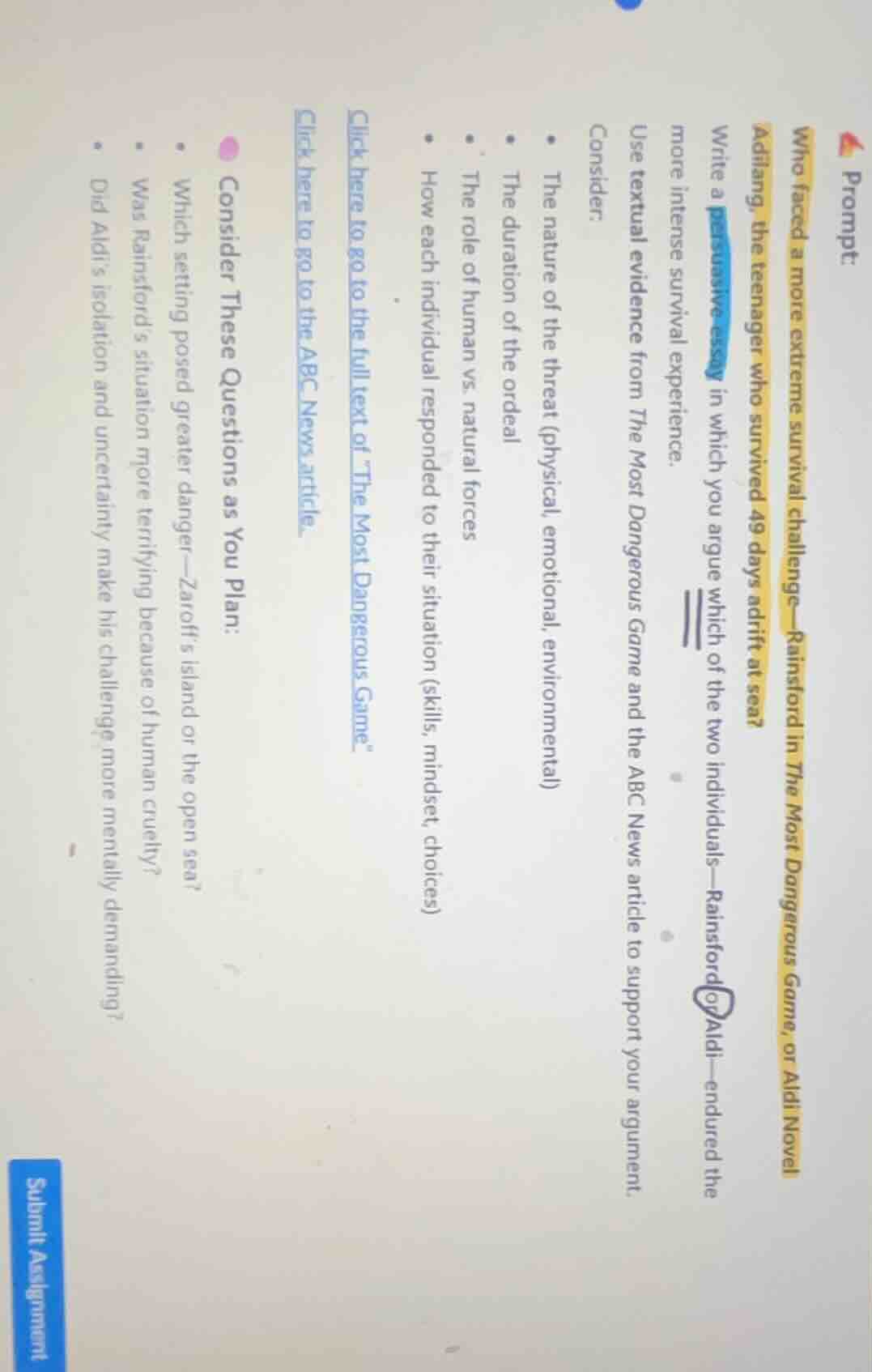 prompt: who faced a more extreme survival challenge—rainsford in the mo…