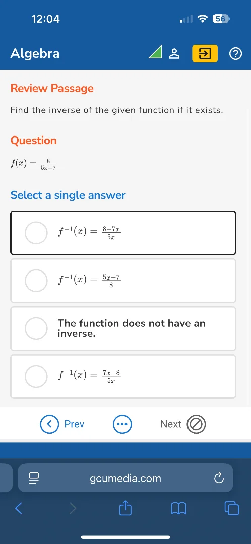 algebra review passage find the inverse of the given function if it exi…