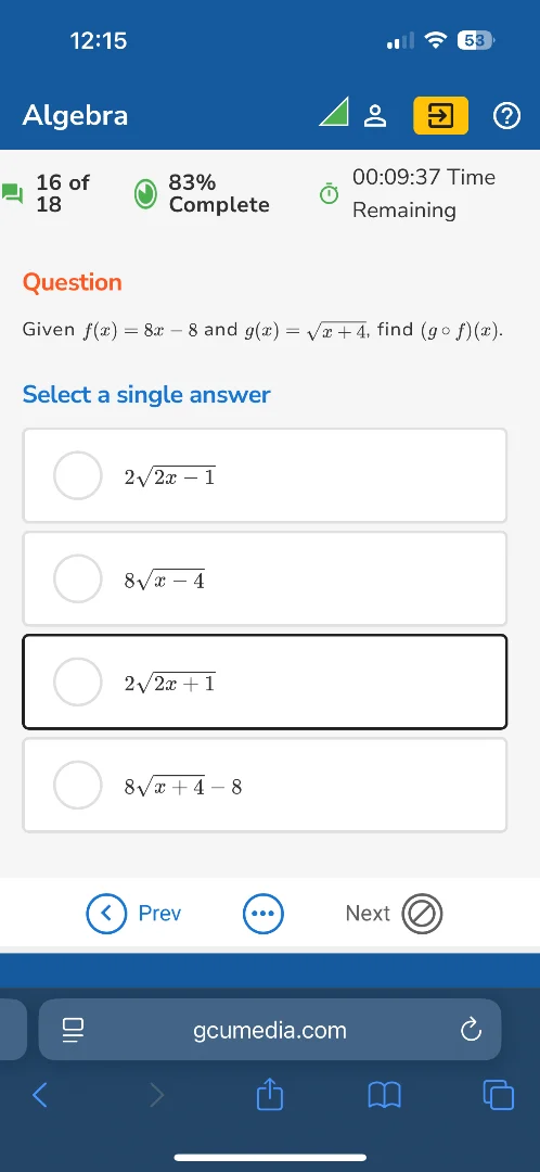 given $f(x) = 8x - 8$ and $g(x) = sqrt{x + 4}$, find $(g circ f)(x)$. s…