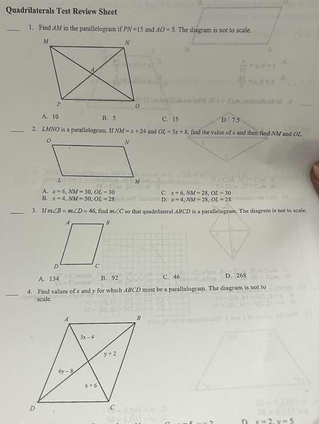 quadrilaterals test review sheet 1. find $am$ in the parallelogram if $…