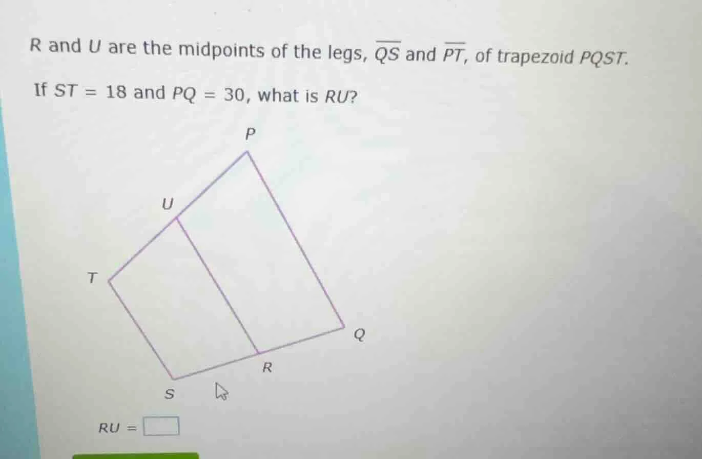 r and u are the midpoints of the legs, $overline{qs}$ and $overline{pt}…