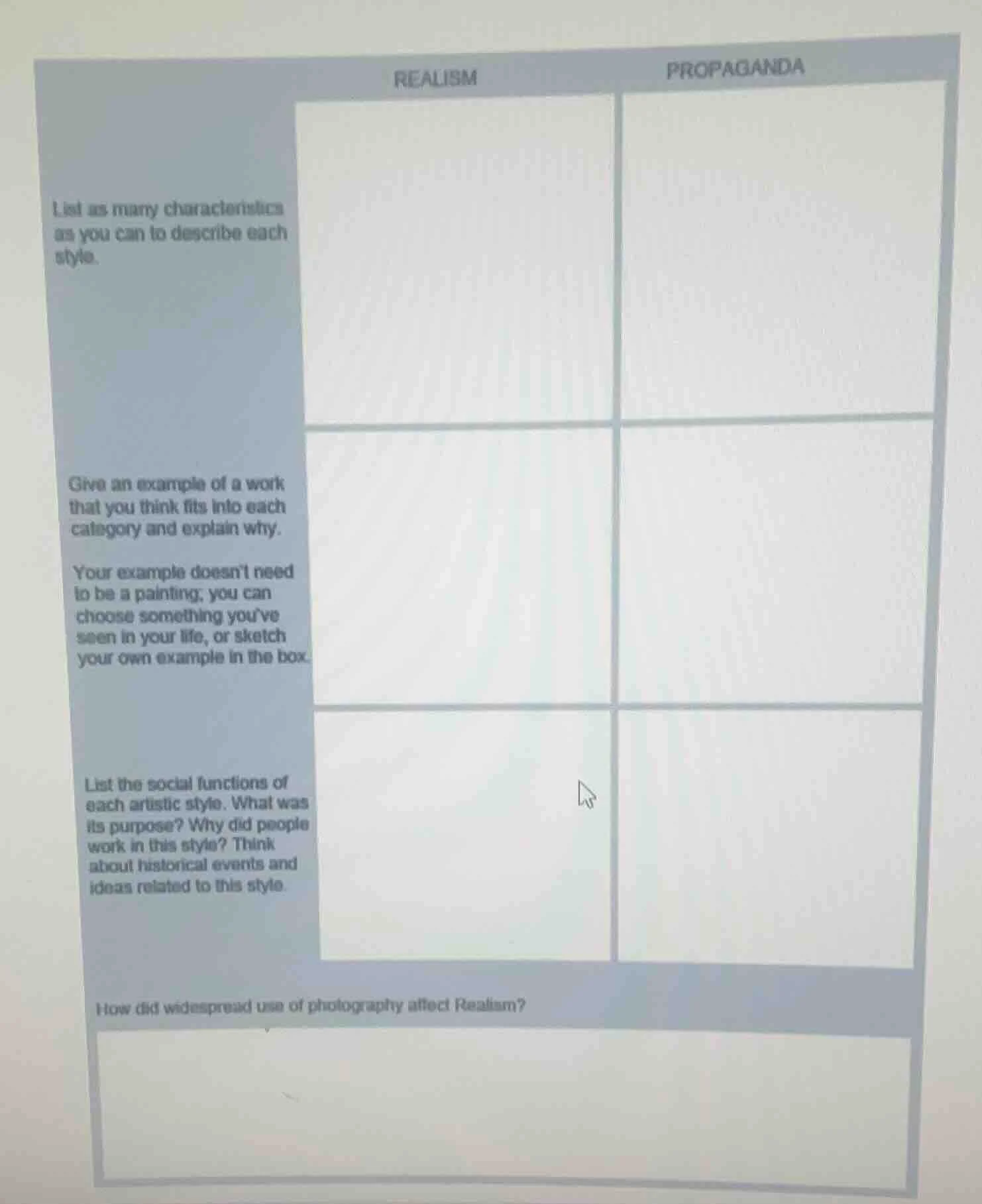 realismpropagandalist as many characteristicsas you can to describe eac…