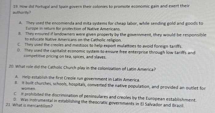 19. how did portugal and spain govern their colonies to promote economi…