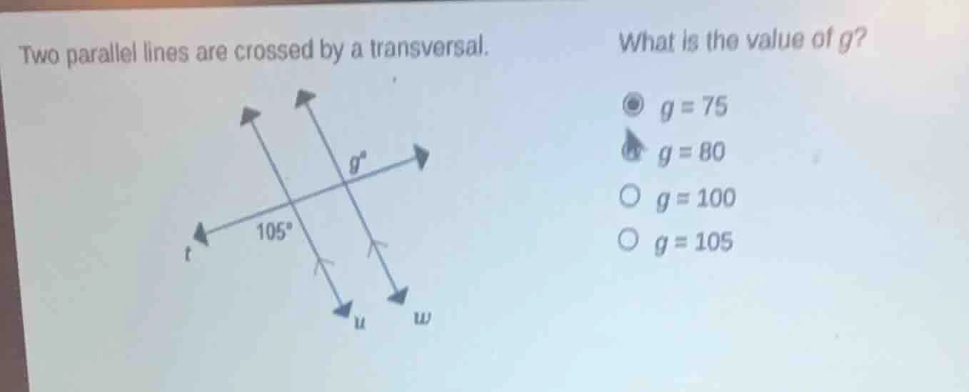 two parallel lines are crossed by a transversal. what is the value of g…