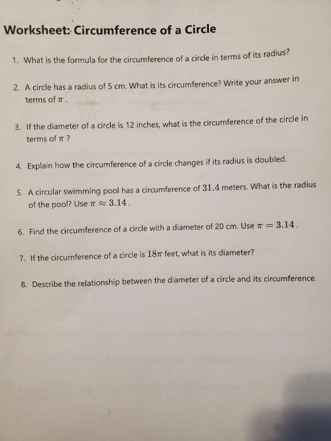 worksheet: circumference of a circle 1. what is the formula for the cir…