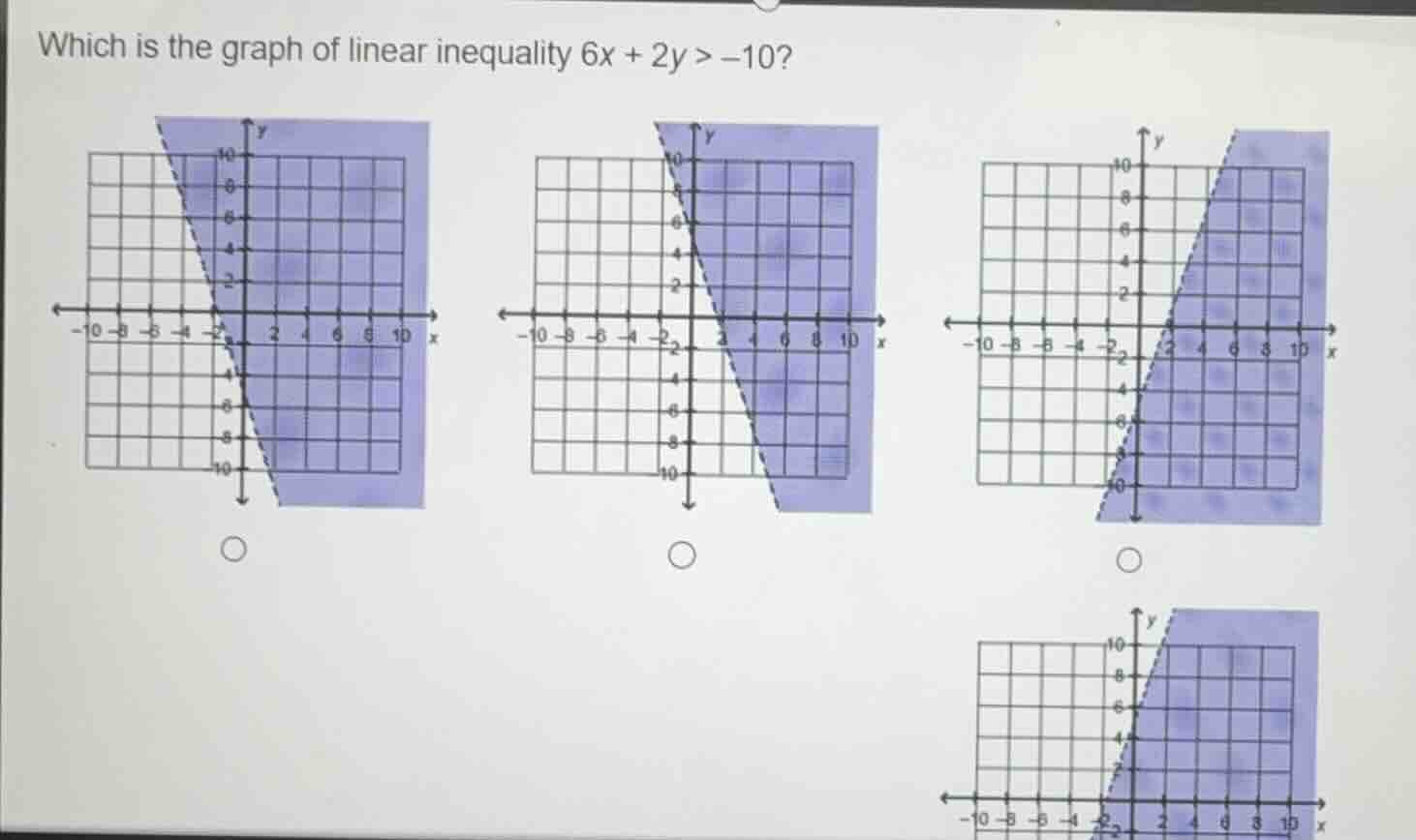 which is the graph of linear inequality $6x + 2y > -10$?