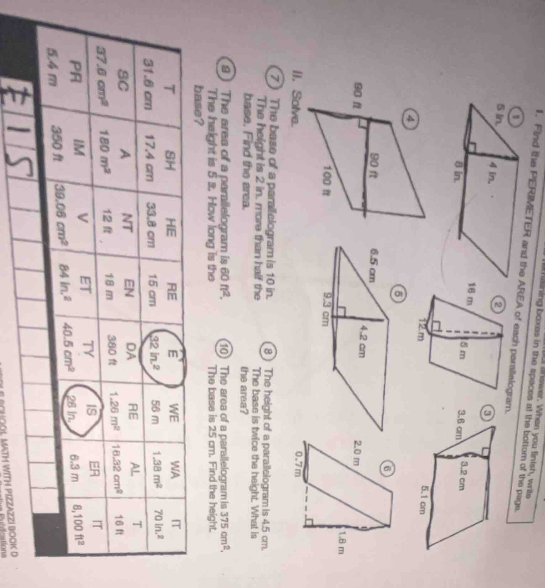 i. find the perimeter and the area of each parallelogram.①5 in.4 in.8 i…