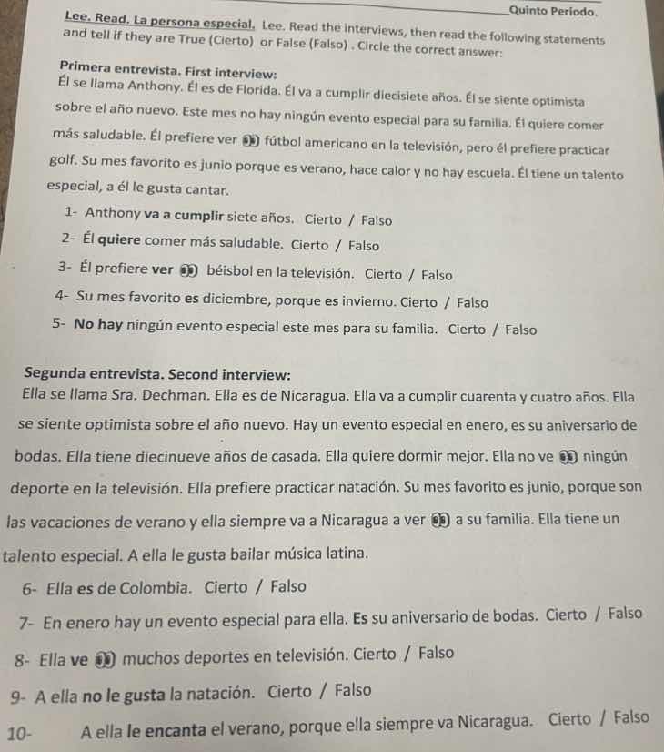 quinto período. lee. read. la persona especial. lee. read the interview…