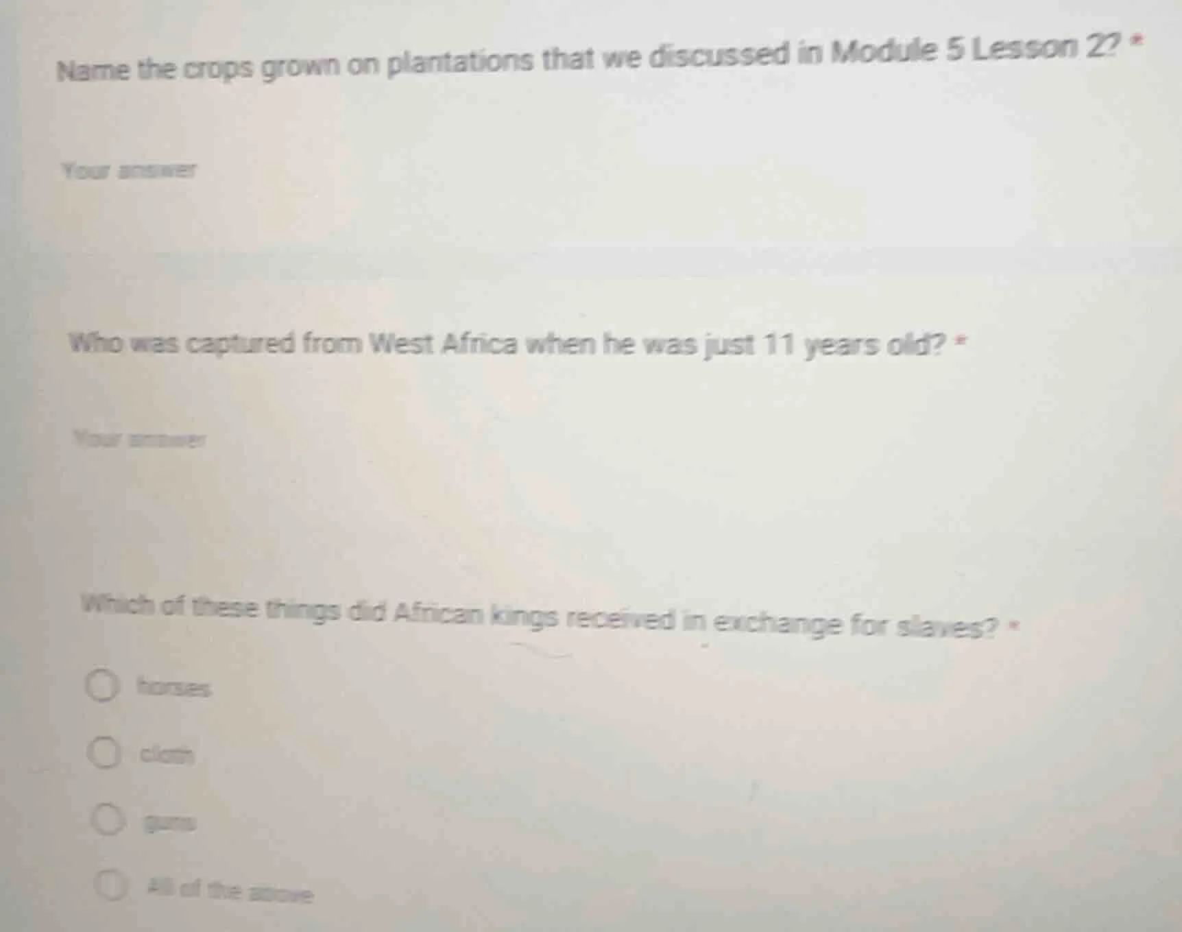 name the crops grown on plantations that we discussed in module 5 lesso…