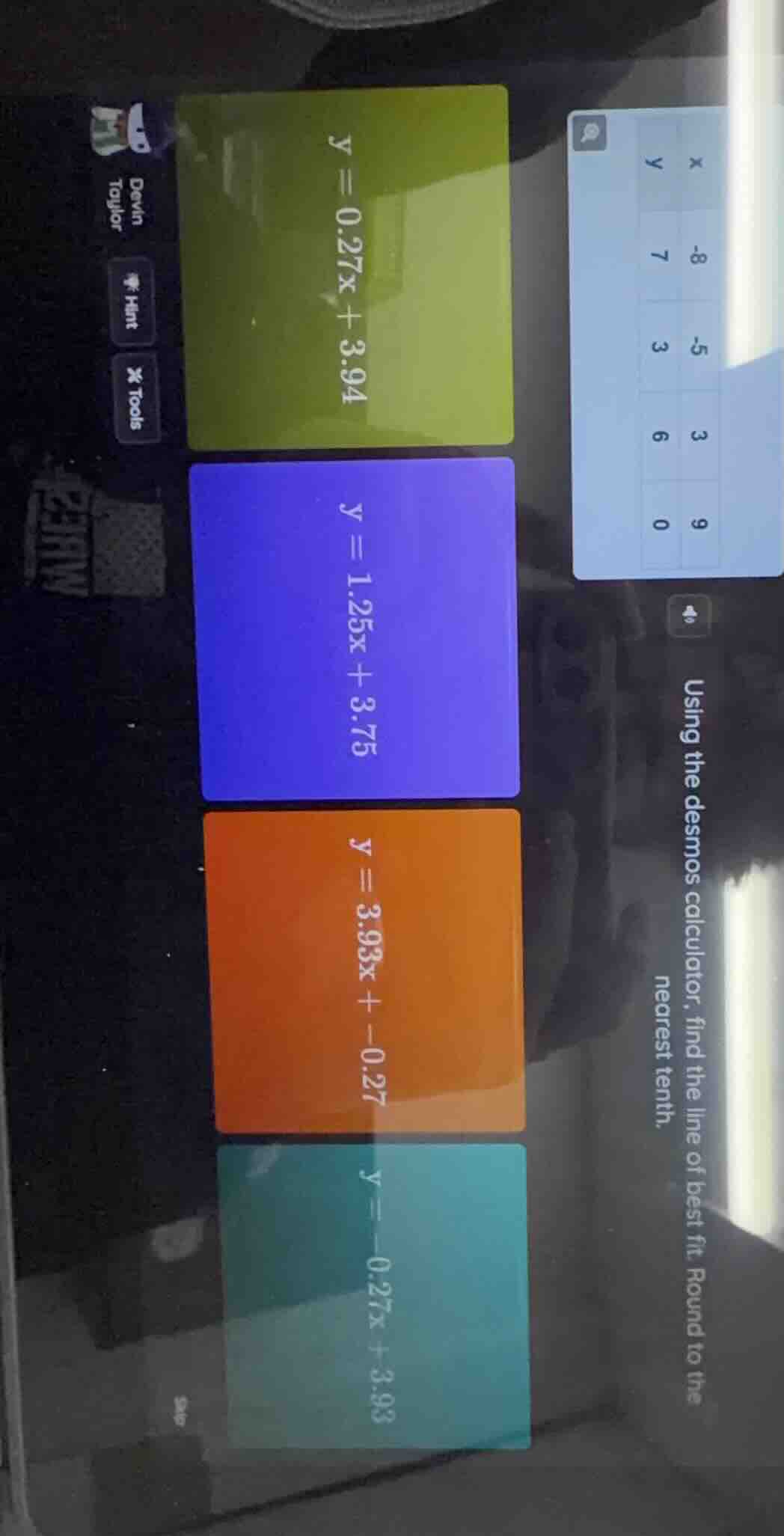 using the desmos calculator, find the line of best fit. round to the ne…