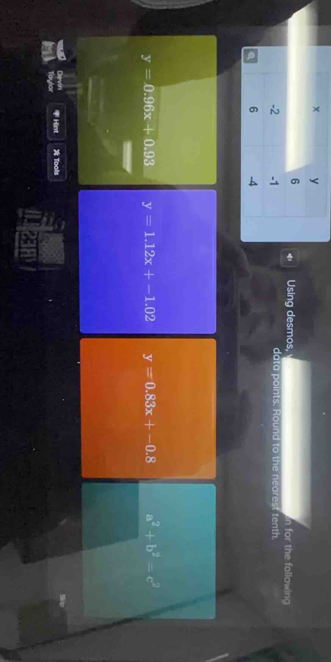 using desmos, write the equation for the following data points. round t…