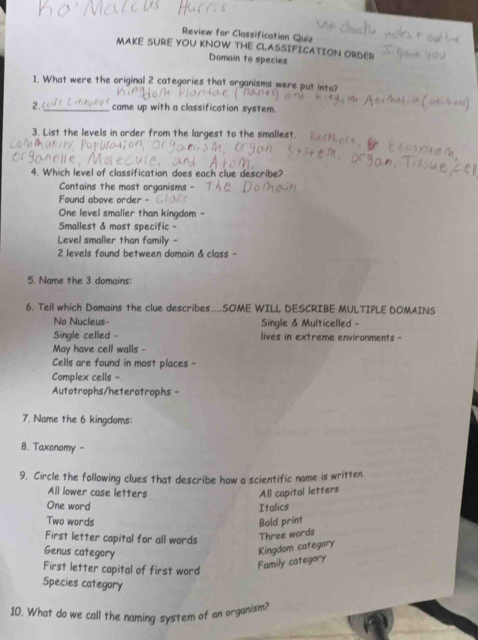 review for classification quiz make sure you know the classification or…