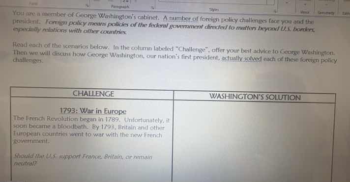 you are a member of george washingtons cabinet. a number of foreign pol…