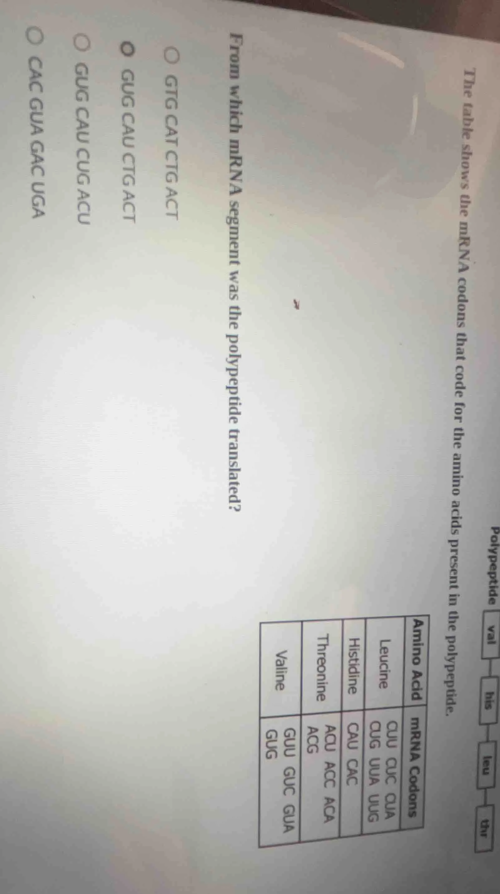 polypeptide: val — his — leu — thr the table shows the mrna codons that…