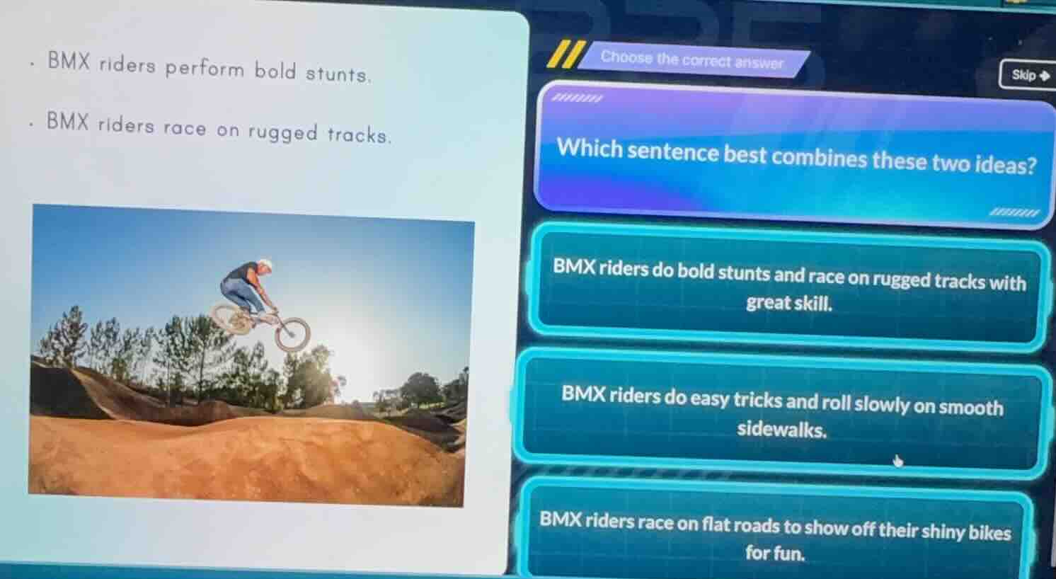 - bmx riders perform bold stunts. - bmx riders race on rugged tracks. c…