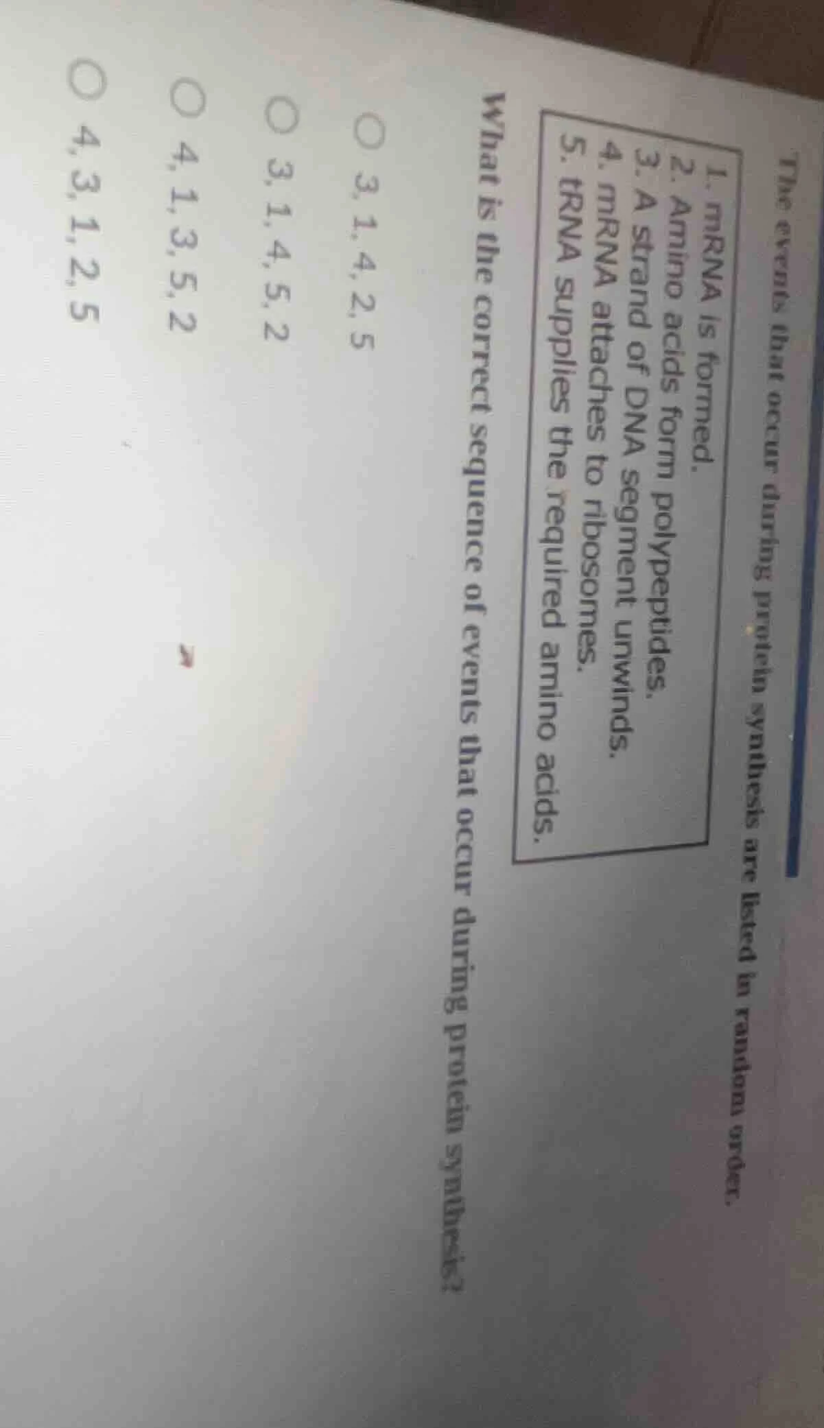 the events that occur during protein synthesis are listed in random ord…