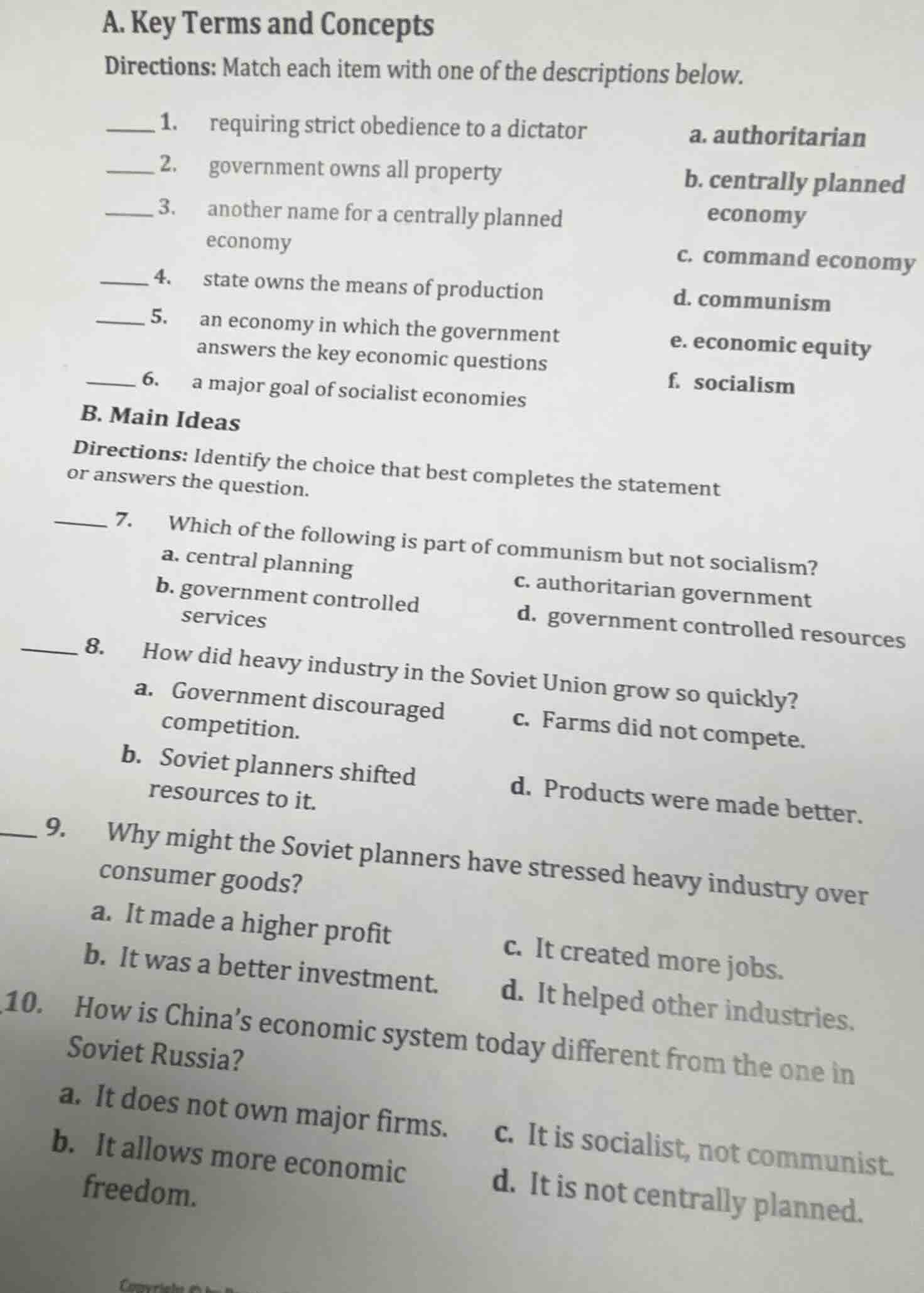 a. key terms and concepts directions: match each item with one of the d…