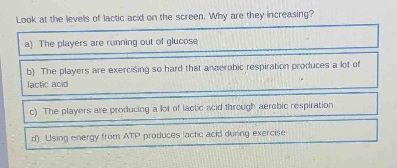 look at the levels of lactic acid on the screen. why are they increasin…