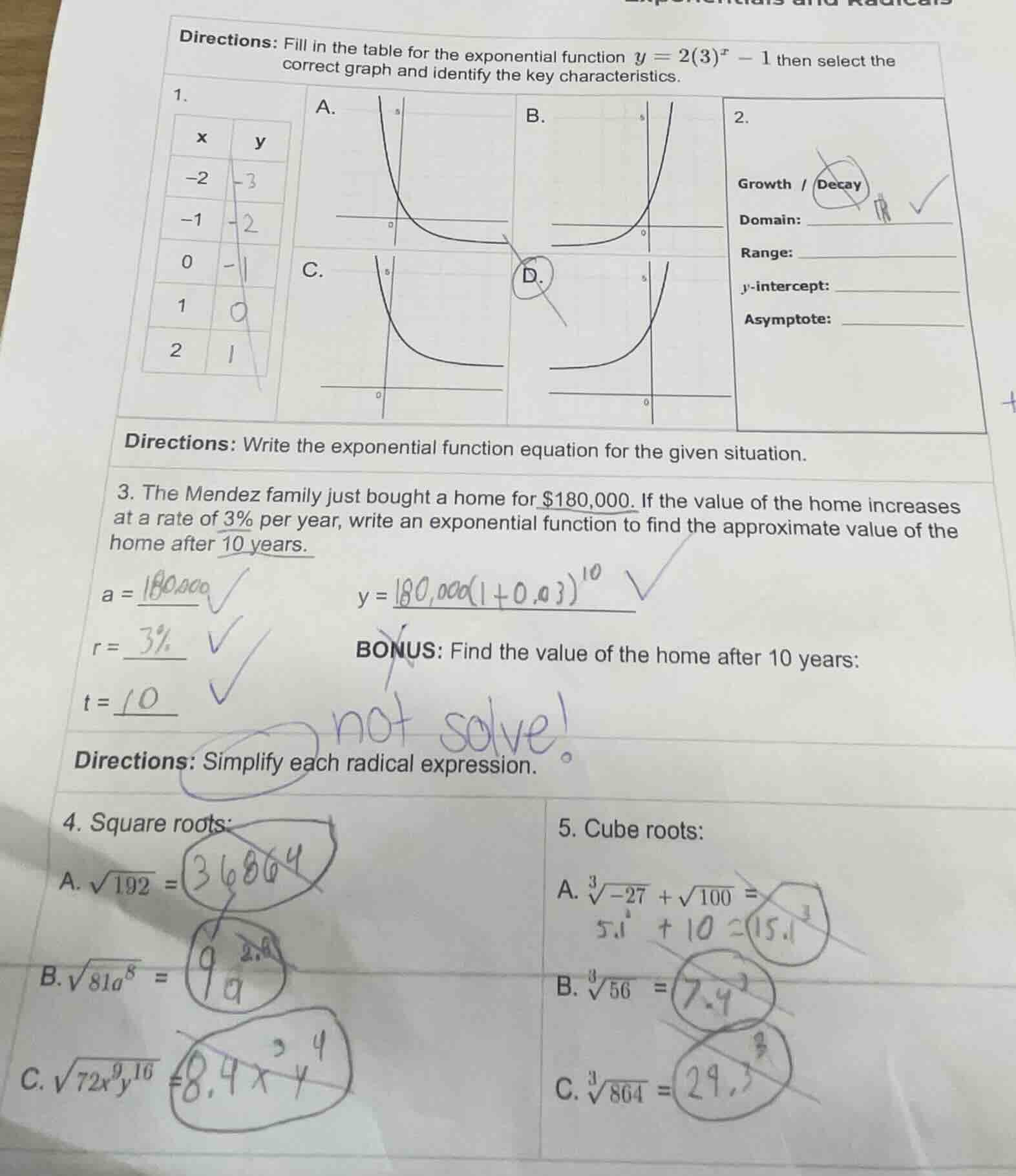 directions: fill in the table for the exponential function $y = 2(3)^x …