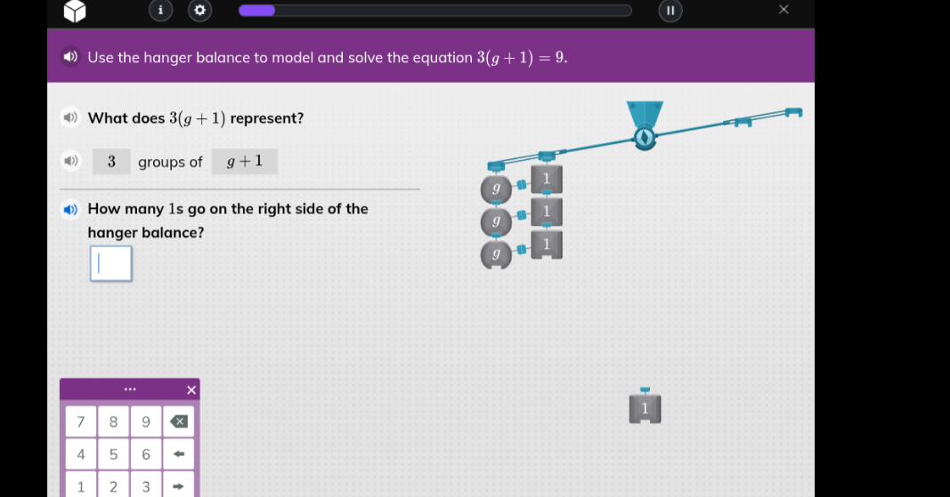 use the hanger balance to model and solve the equation $3(g + 1) = 9$. …