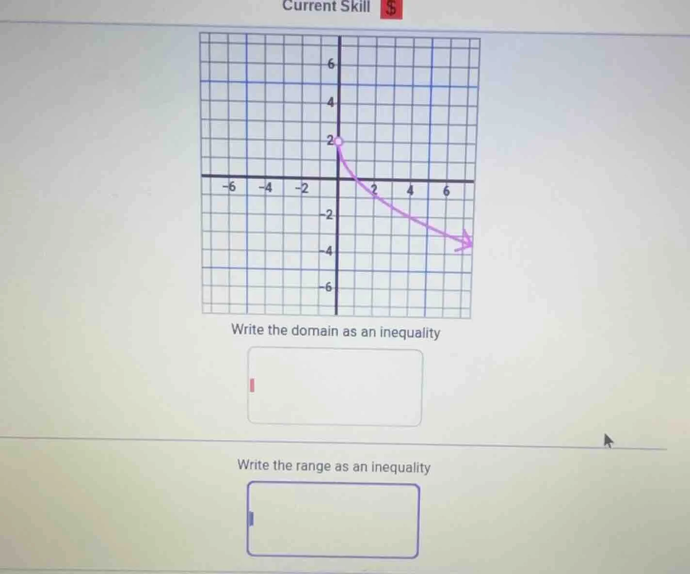 current skill $write the domain as an inequalitywrite the range as an i…
