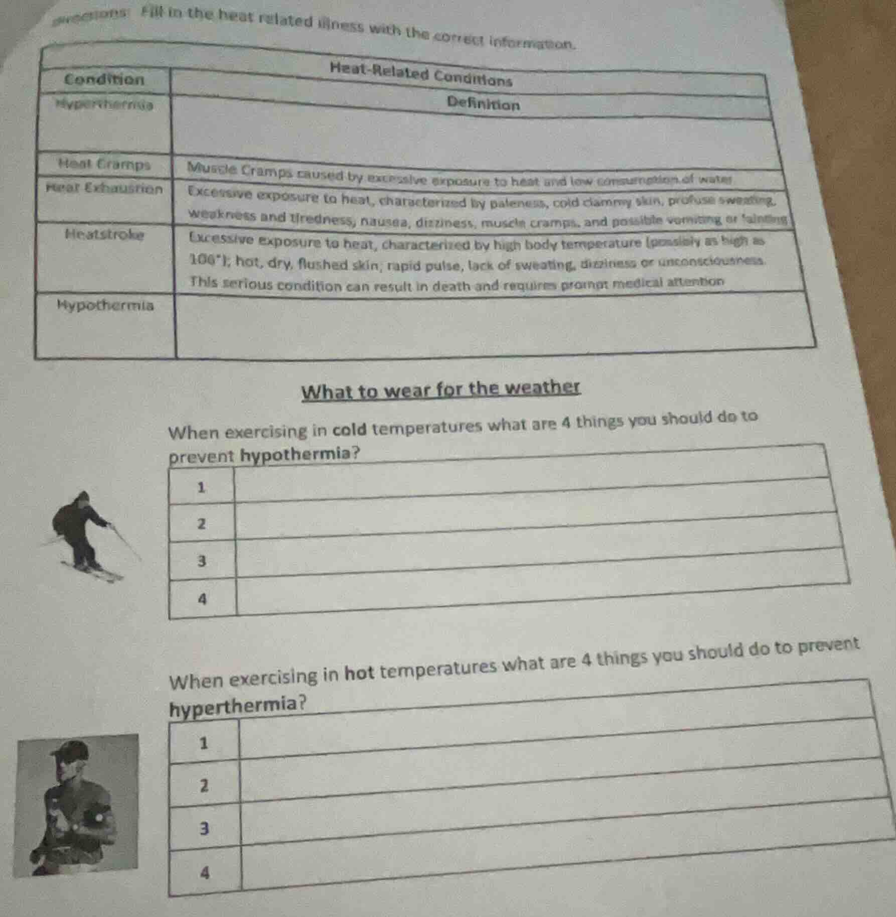 directions: fill in the heat related illness with the correct informati…