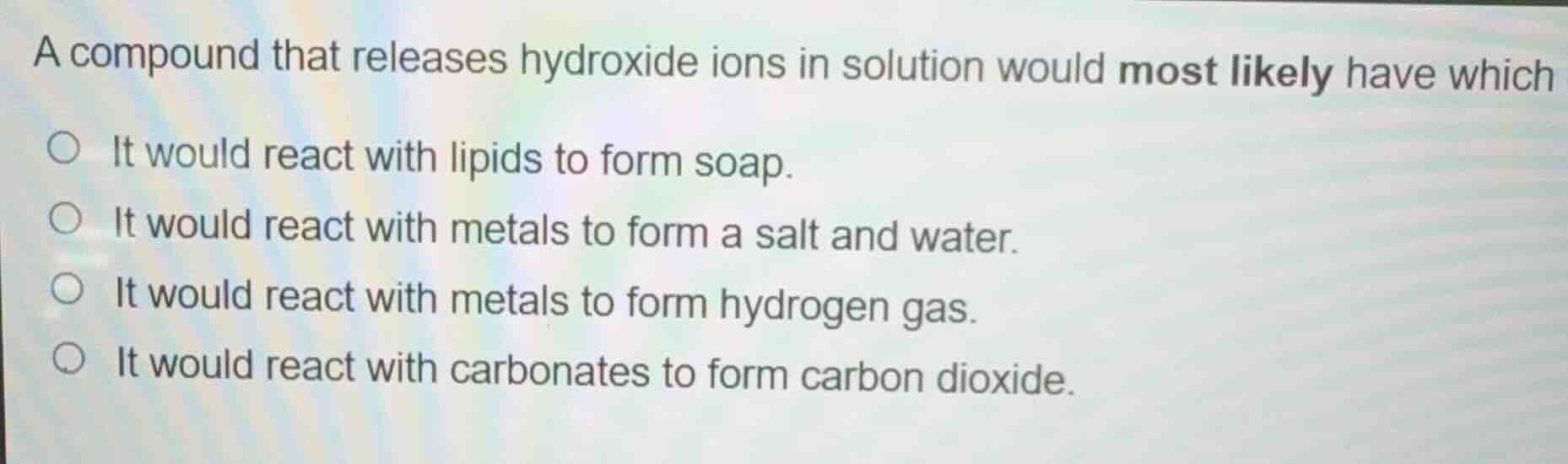 a compound that releases hydroxide ions in solution would most likely h…