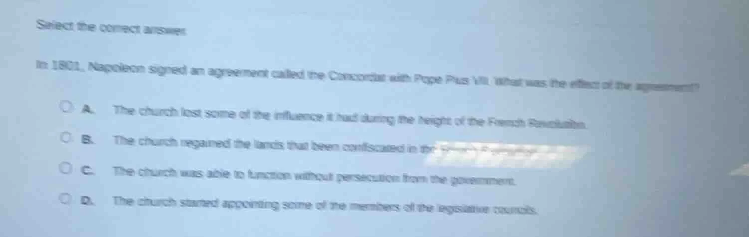 select the correct answer in 1801, napoleon signed an agreement called …