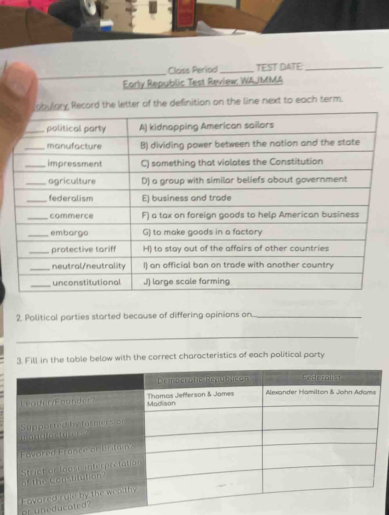 class period _______ test date ____________early republic test review: …
