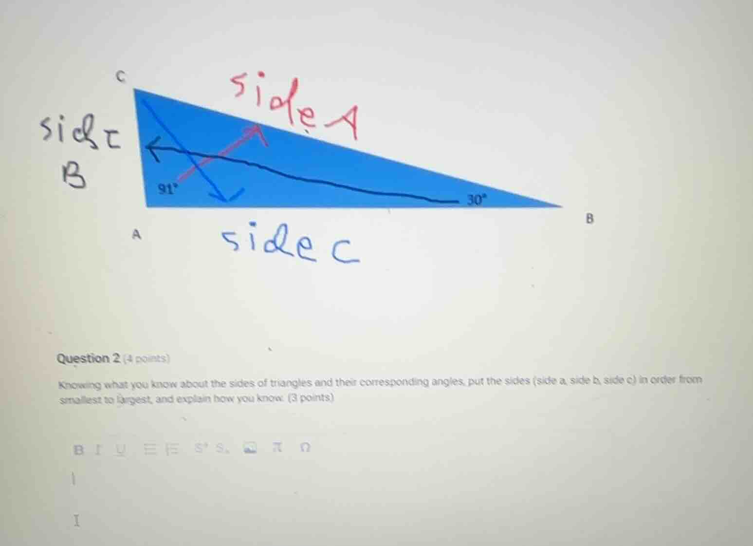 question 2 (4 points)knowing what you know about the sides of triangles…