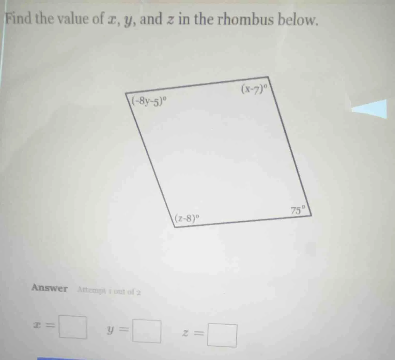 find the value of $x$, $y$, and $z$ in the rhombus below. $(-8y-5)^\\ci…