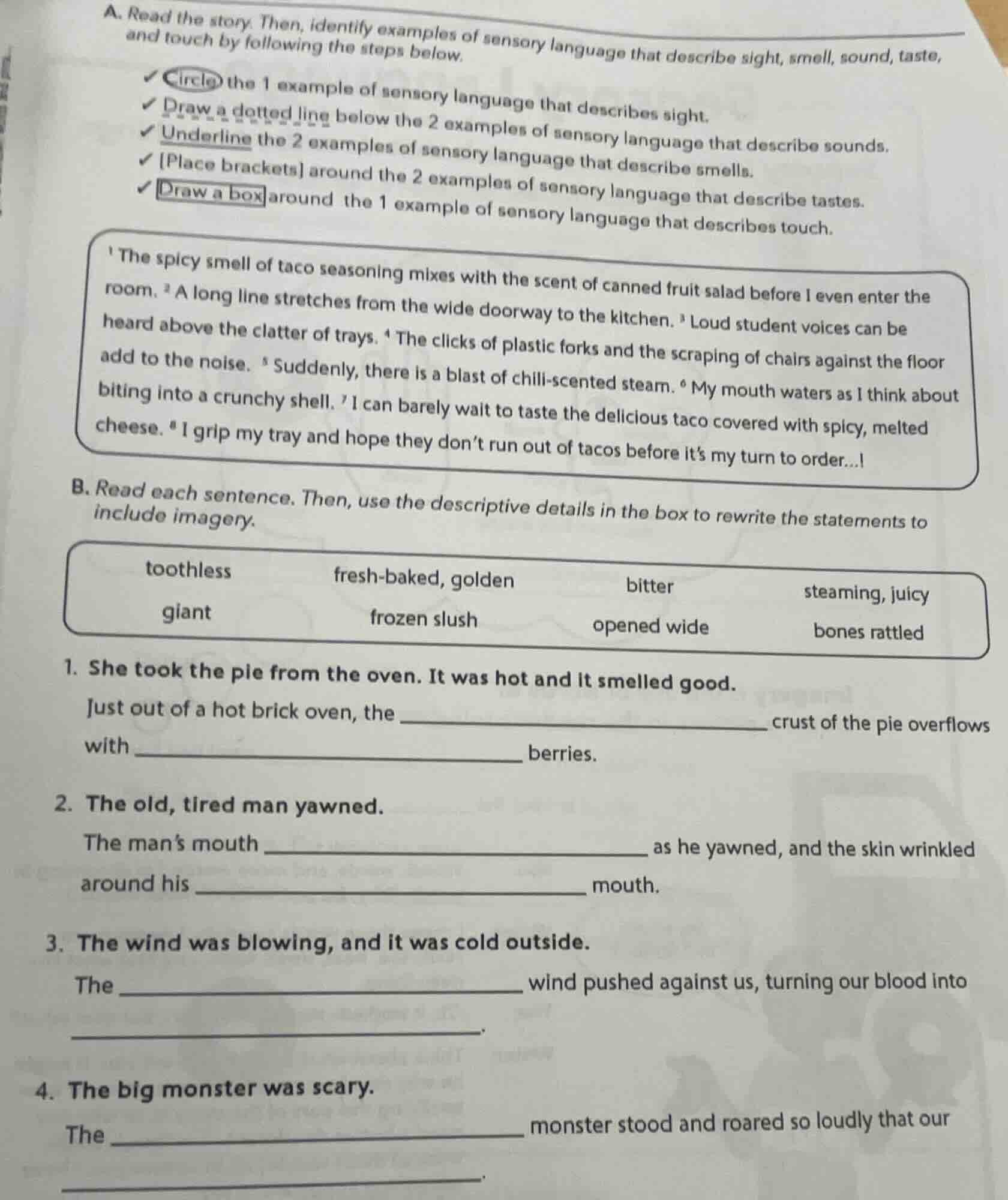 a. read the story. then, identify examples of sensory language that des…