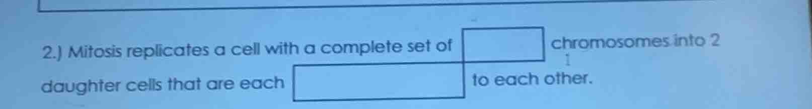 2.) mitosis replicates a cell with a complete set of □ chromosomes into…