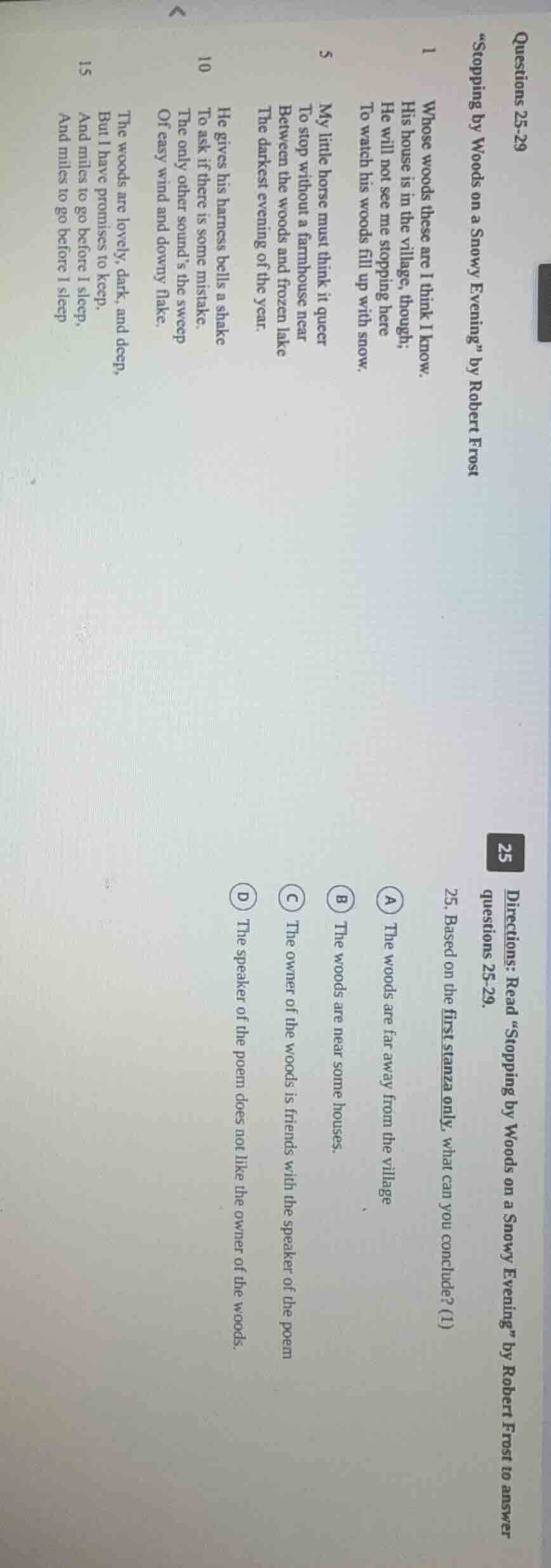 questions 25-29 \stopping by woods on a snowy evening\ by robert frost …