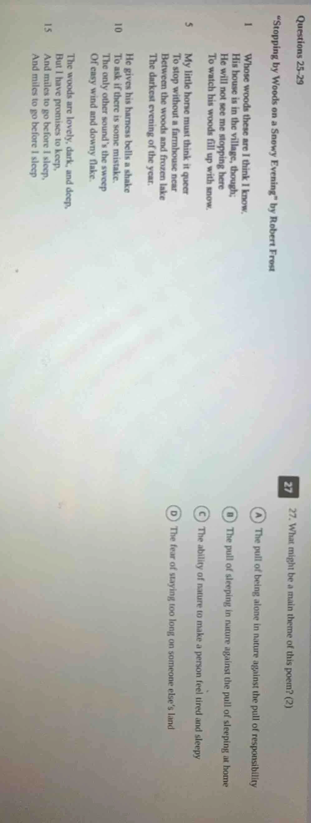 questions 25-29 \stopping by woods on a snowy evening\ by robert frost …