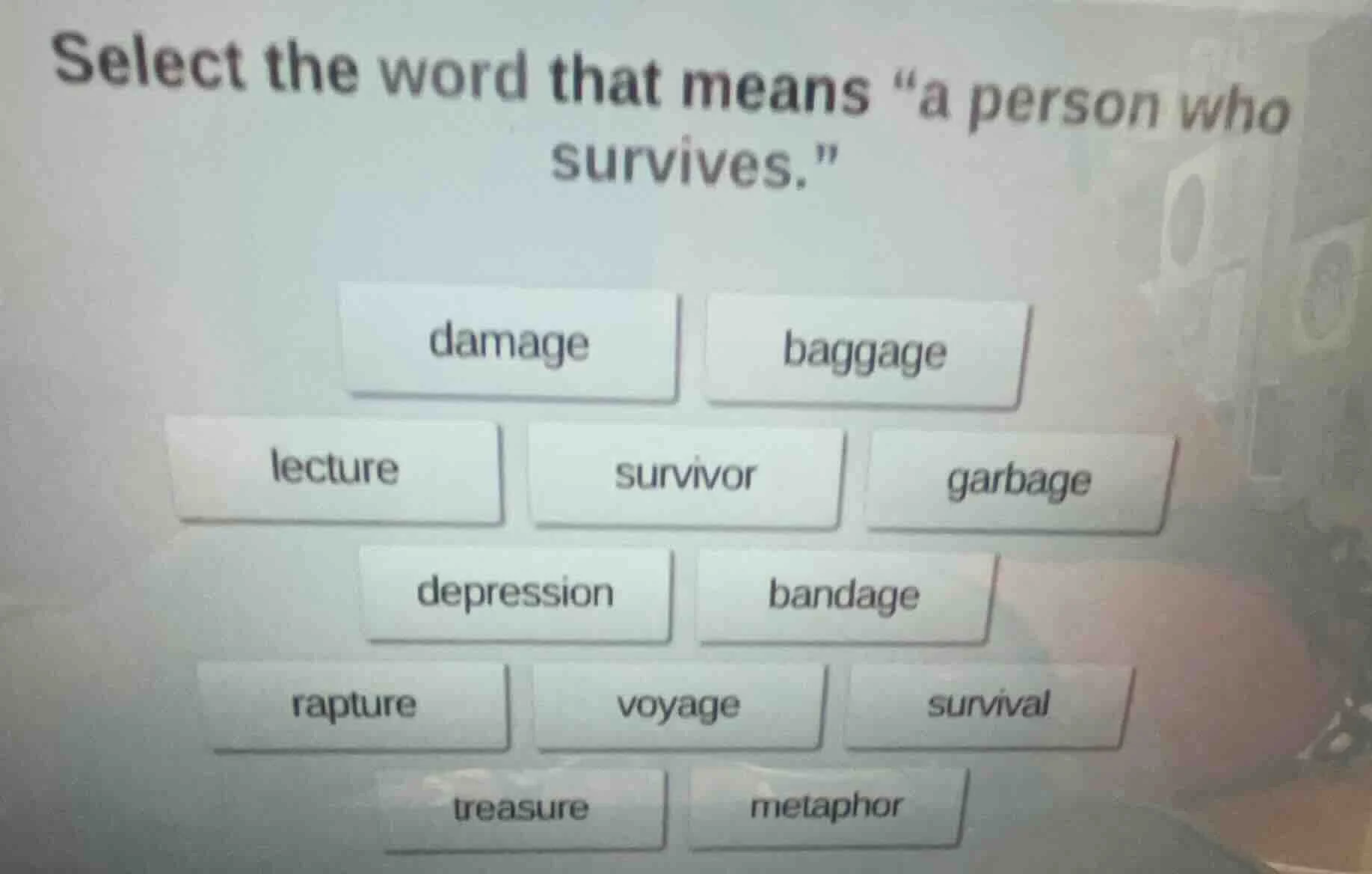 select the word that means \a person who survives.\damagebaggagelecture…
