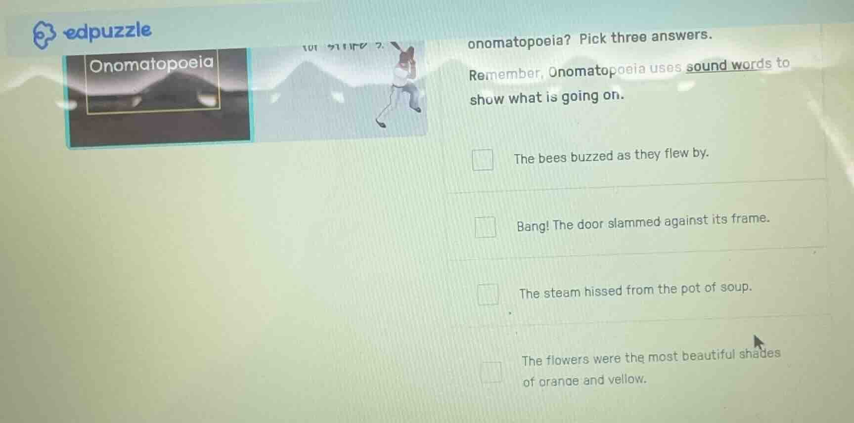 onomatopoeia onomatopoeia? pick three answers. remember, onomatopoeia u…