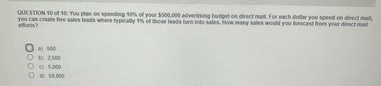 question 10 of 10: you plan on spending 10% of your $500,000 advertisin…