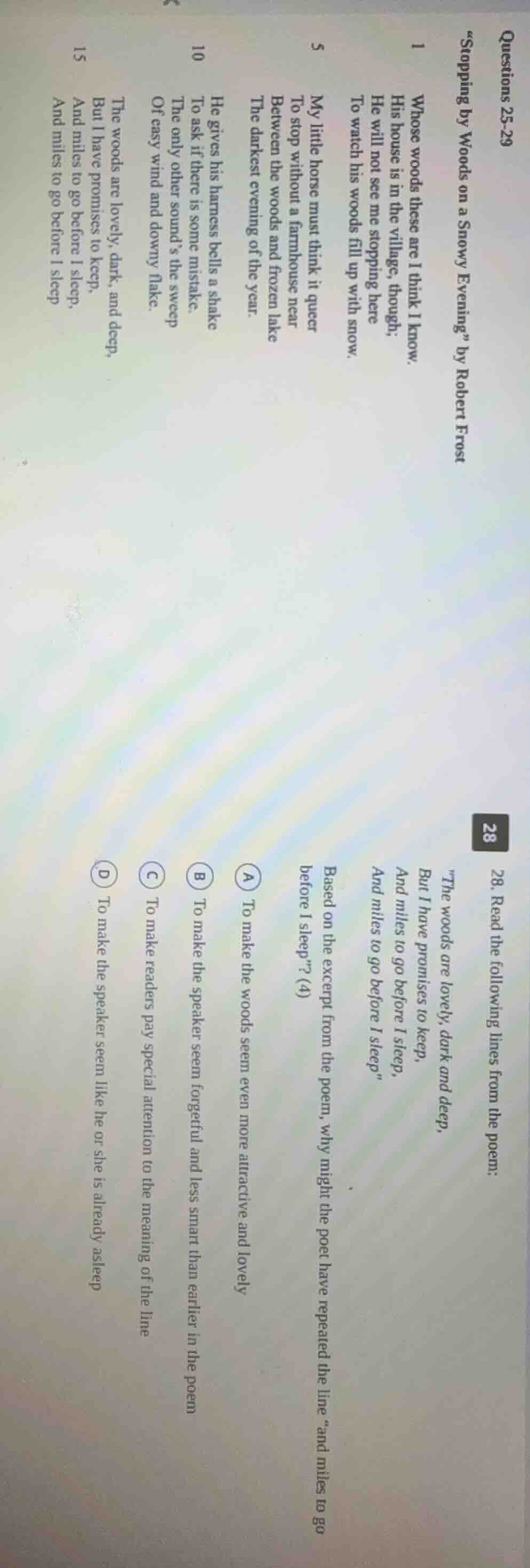 questions 25-29 \stopping by woods on a snowy evening\ by robert frost …