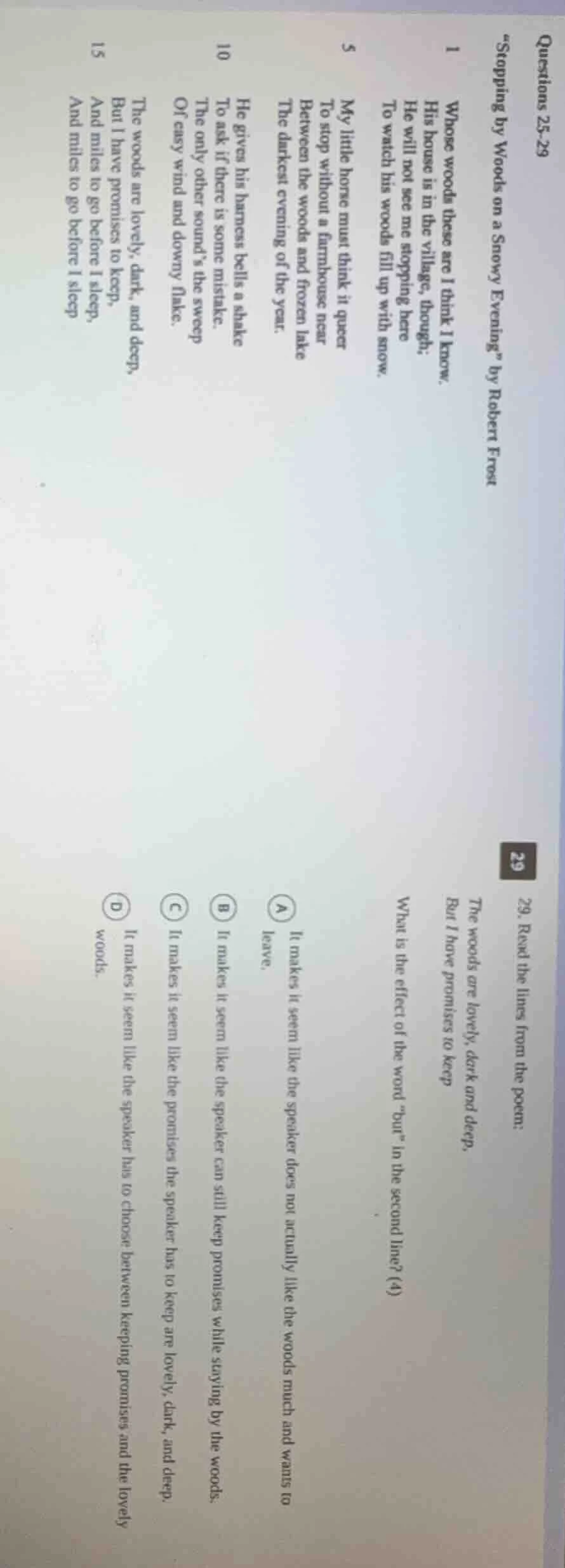 questions 25-29 \stopping by woods on a snowy evening\ by robert frost …